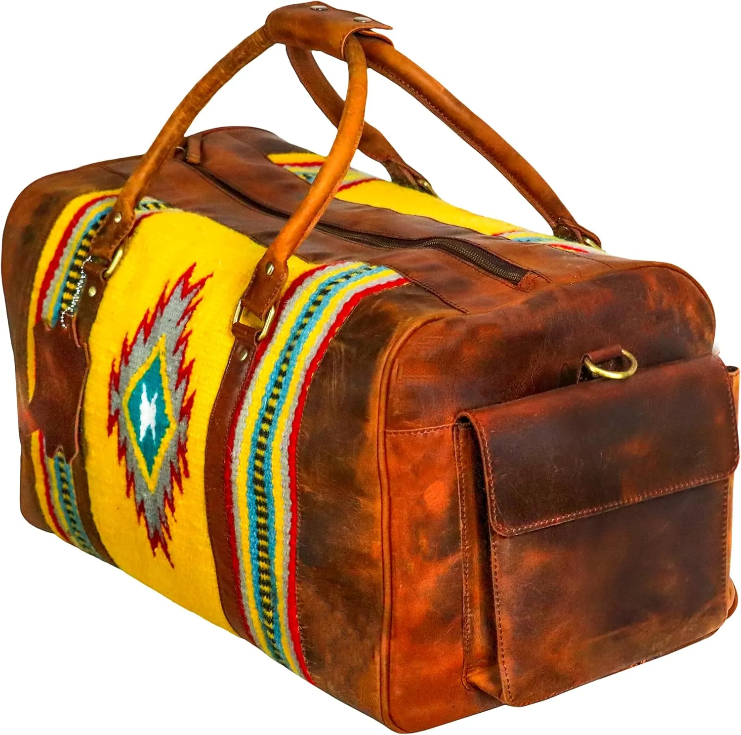 Handmade Premium Duffle Bag leather heavy duty Gym Sports Airplane Overnight Luggage Carry On Unisex Travel woven Rug Bag Wollen Hand Bag Gift for His/Her (RUG DUFFLE BAG STYLE_02)