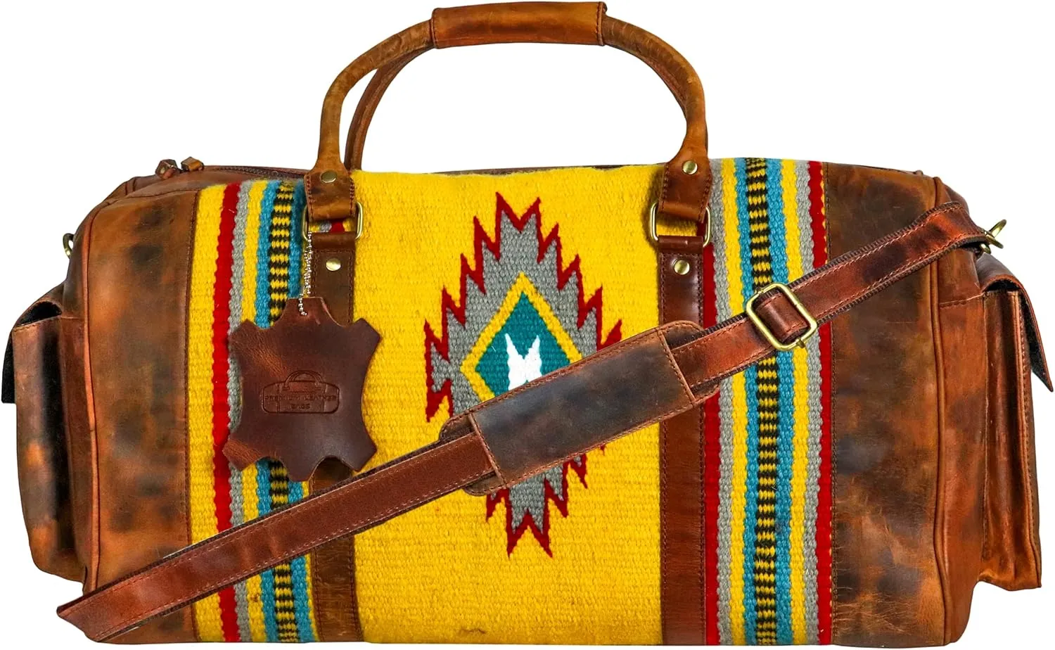 Handmade Premium Duffle Bag leather heavy duty Gym Sports Airplane Overnight Luggage Carry On Unisex Travel woven Rug Bag Wollen Hand Bag Gift for His/Her (RUG DUFFLE BAG STYLE_02)