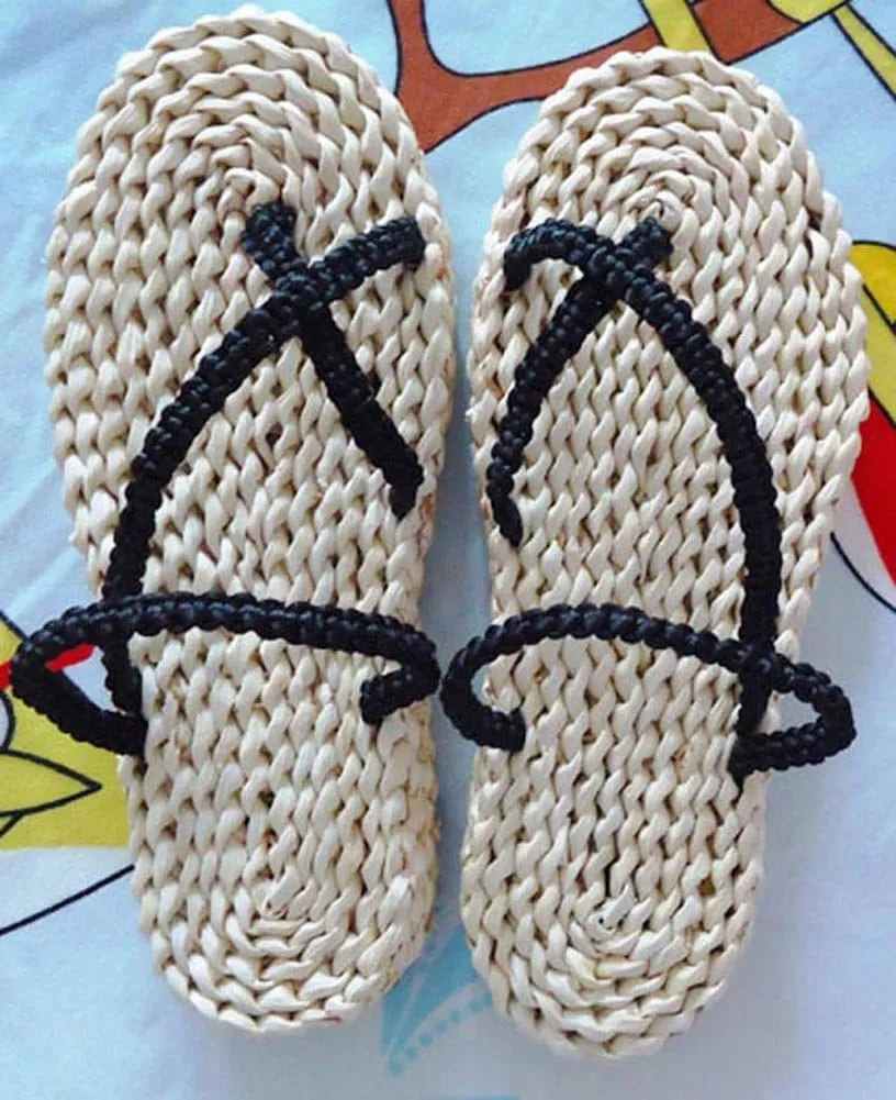 Handmade Straw Sandals Flip Flops Beach Shoes Cosplay Woven Slippers