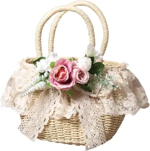 Handmade Straw Tote with Lace Artificial Flowers Rustic Lolita Beach Bag Retro Aesthetic Handbag for Summer Picnic