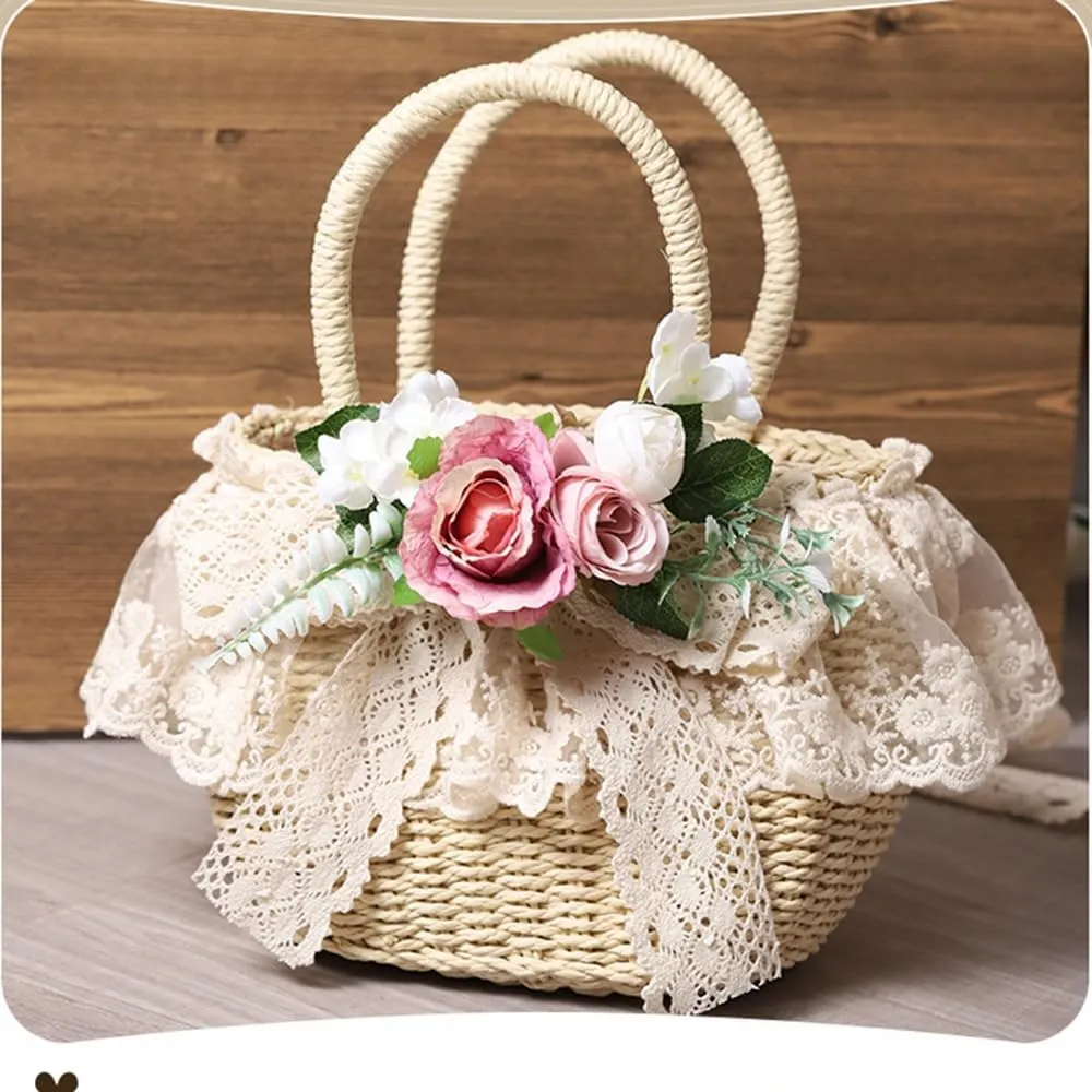 Handmade Straw Tote with Lace Artificial Flowers Rustic Lolita Beach Bag Retro Aesthetic Handbag for Summer Picnic
