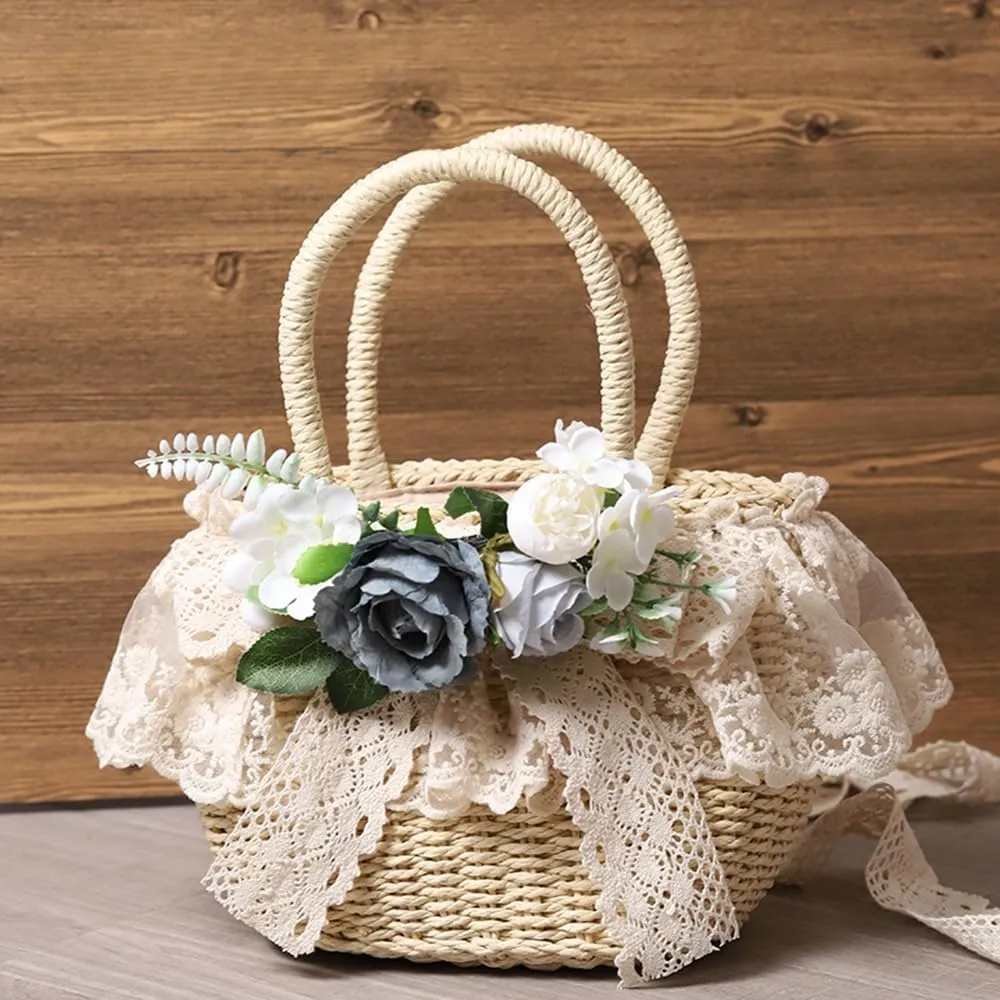 Handmade Straw Tote with Lace Artificial Flowers Rustic Lolita Beach Bag Retro Aesthetic Handbag for Summer Picnic