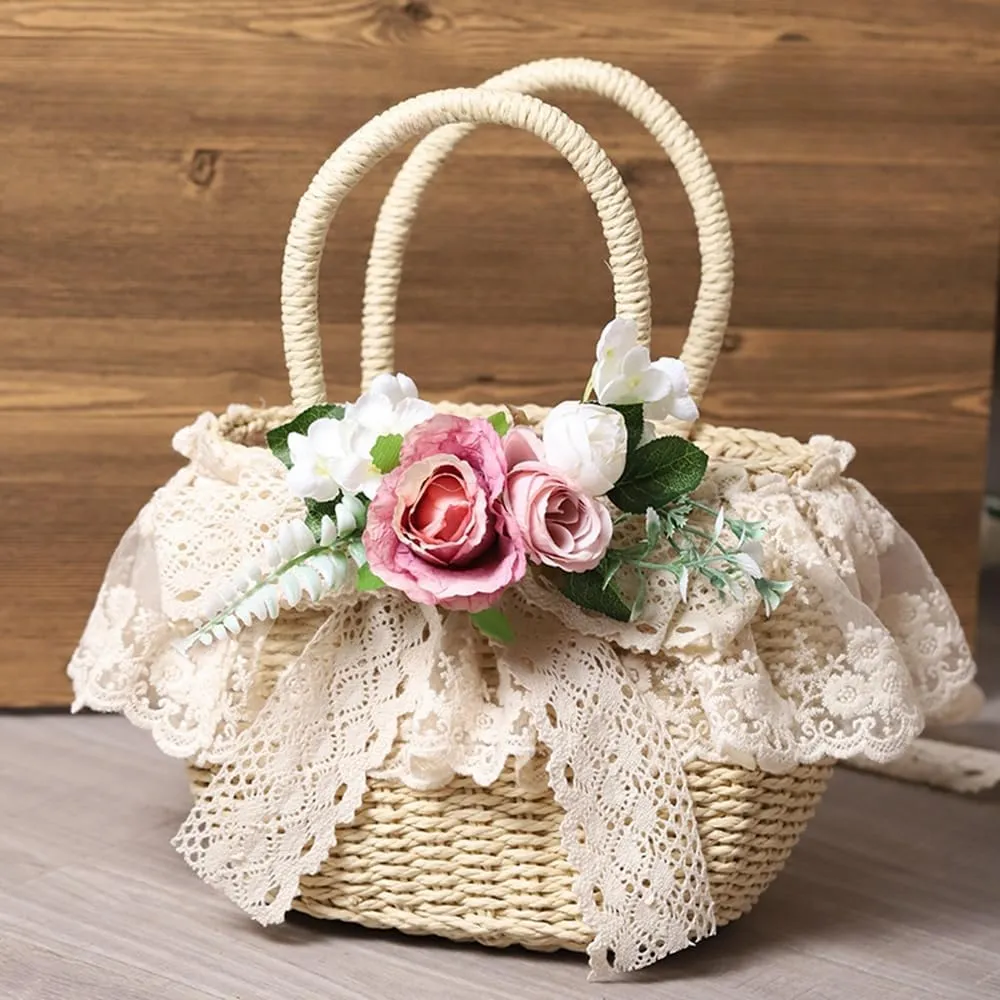 Handmade Straw Tote with Lace Artificial Flowers Rustic Lolita Beach Bag Retro Aesthetic Handbag for Summer Picnic