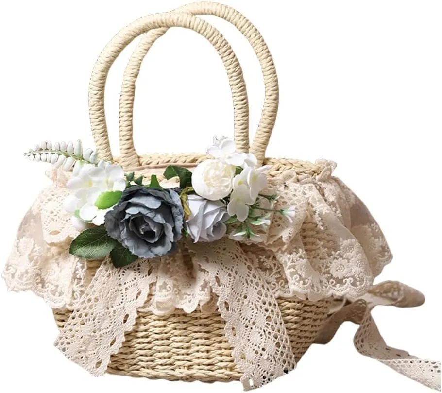 Handmade Straw Tote with Lace Artificial Flowers Rustic Lolita Beach Bag Retro Aesthetic Handbag for Summer Picnic