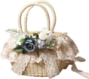 Handmade Straw Tote with Lace Artificial Flowers Rustic Lolita Beach Bag Retro Aesthetic Handbag for Summer Picnic