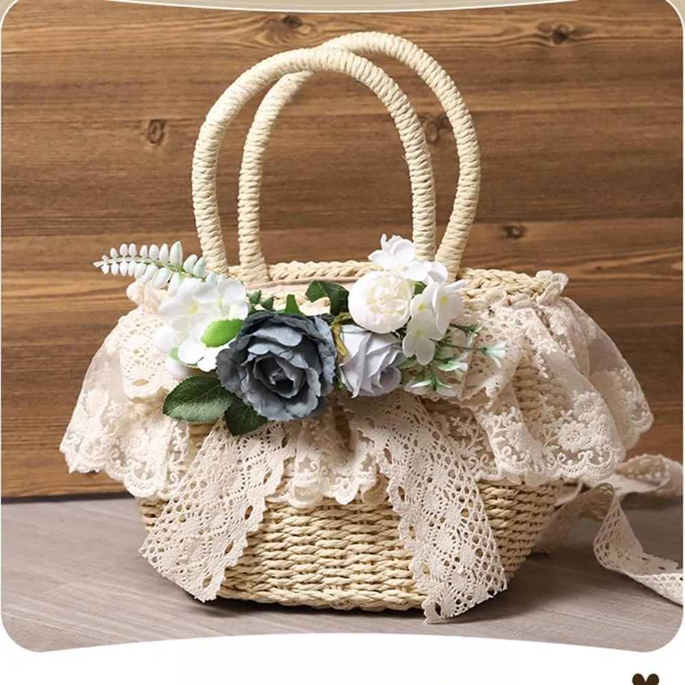 Handmade Straw Tote with Lace Artificial Flowers Rustic Lolita Beach Bag Retro Aesthetic Handbag for Summer Picnic