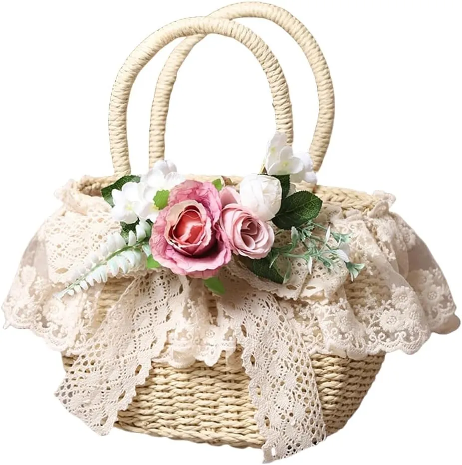 Handmade Straw Tote with Lace Artificial Flowers Rustic Lolita Beach Bag Retro Aesthetic Handbag for Summer Picnic