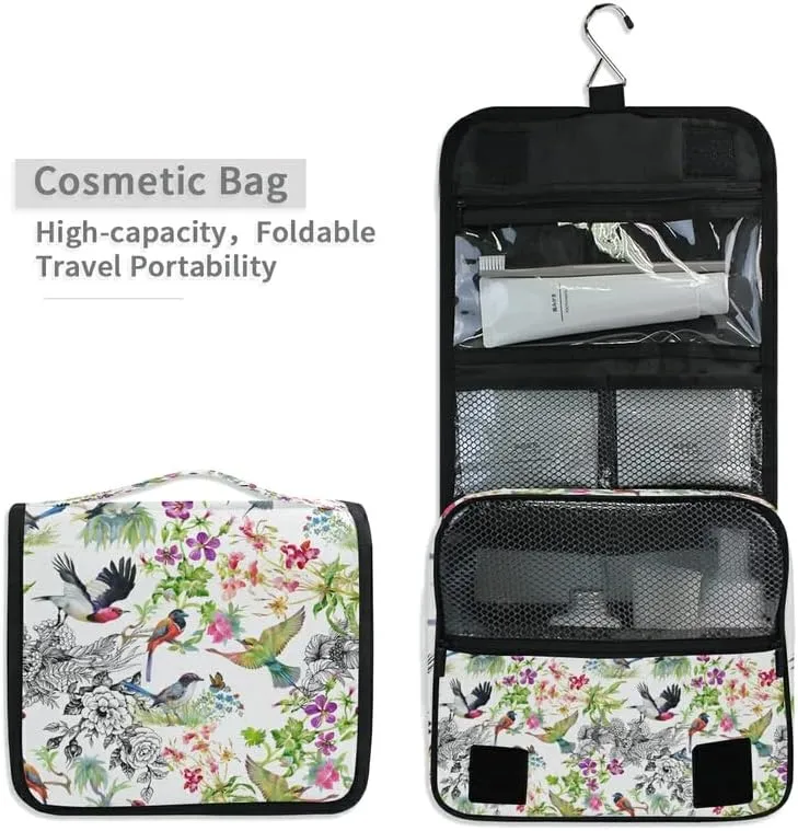 Hanging Toiletry Bag Birds and Exotic Flowers Makeup Travel bag for Toiletries Portable Toiletry Organizer Bags Clear Toiletry Cosmetic Kit