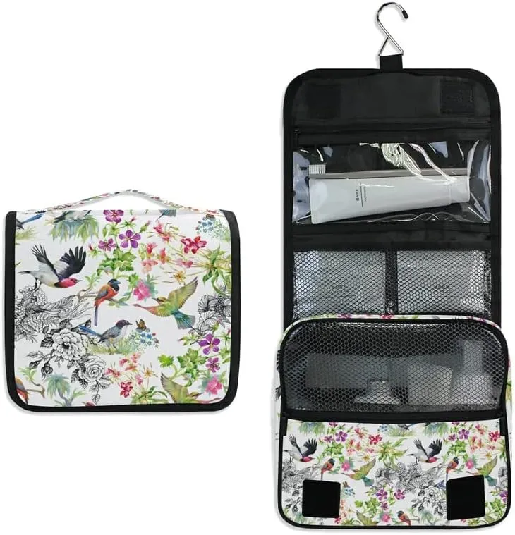 Hanging Toiletry Bag Birds and Exotic Flowers Makeup Travel bag for Toiletries Portable Toiletry Organizer Bags Clear Toiletry Cosmetic Kit