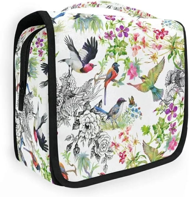 Hanging Toiletry Bag Birds and Exotic Flowers Makeup Travel bag for Toiletries Portable Toiletry Organizer Bags Clear Toiletry Cosmetic Kit