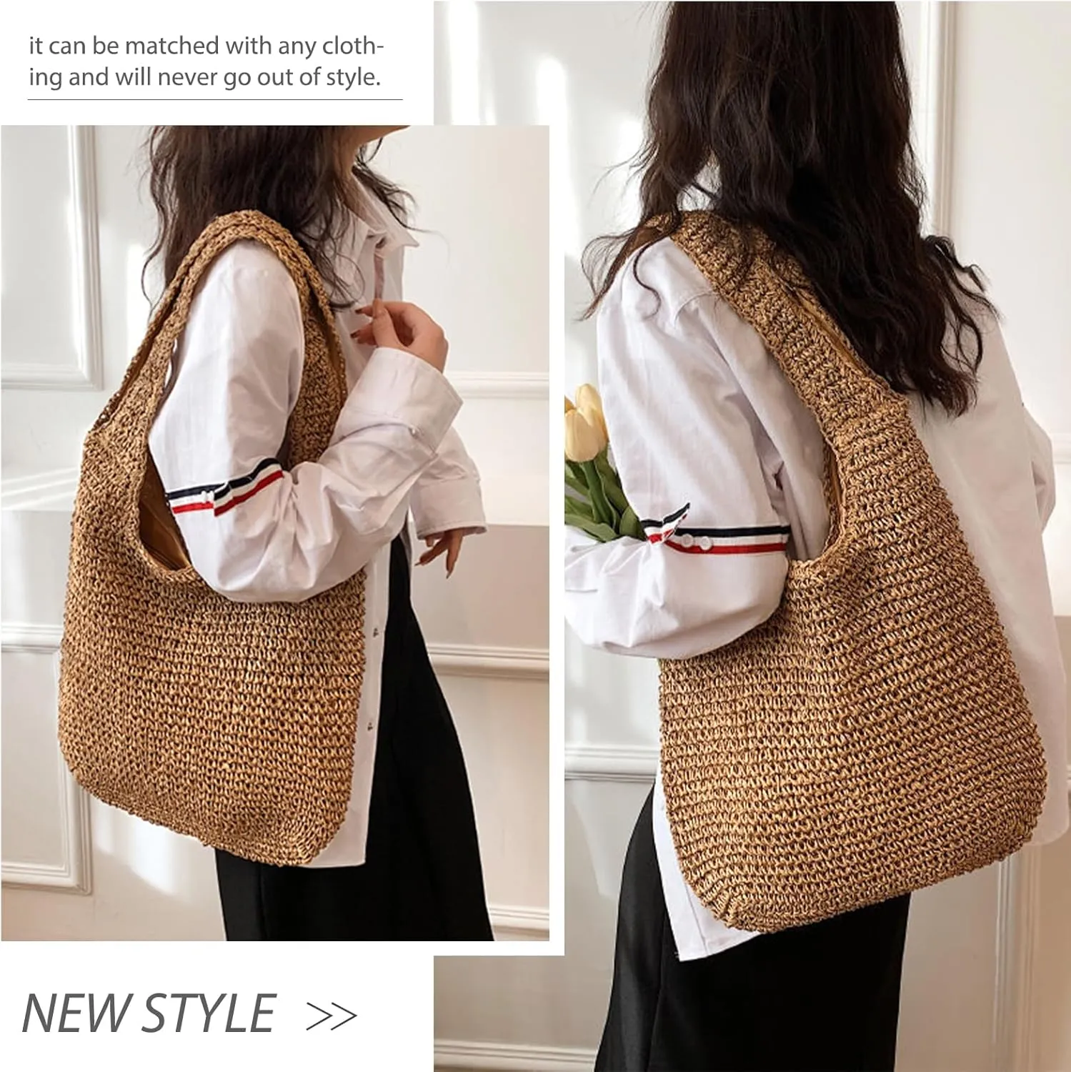 hatisan Straw Beach Bag for Women Summer Woven Beach Tote Bag Shoulder Handbags Boho Bag