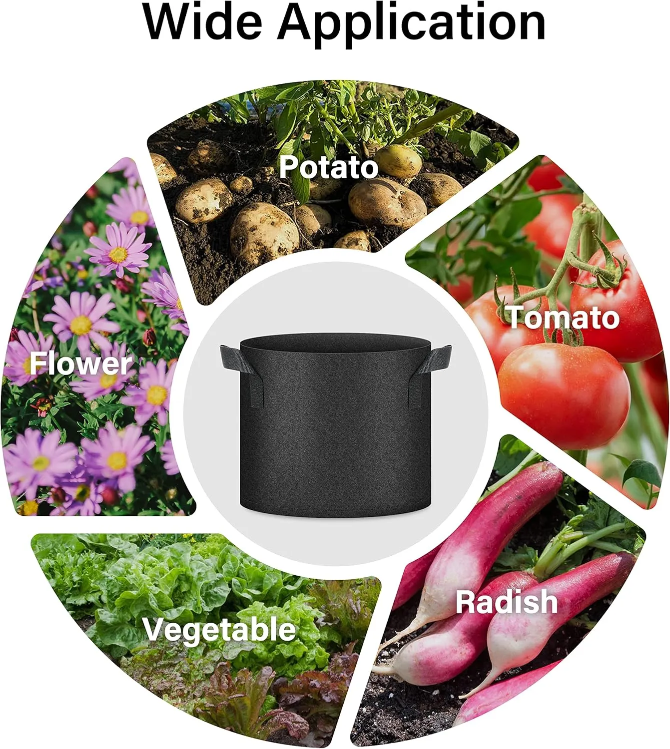 HealSmart Plant Grow Bags 7 Gallon, Tomoato Planter Pots 5-Pack with Handles, Aeration Nonwoven Fabric, Heavy Duty Gardening Planter for Vegetable, Herbs and Flowers, Black