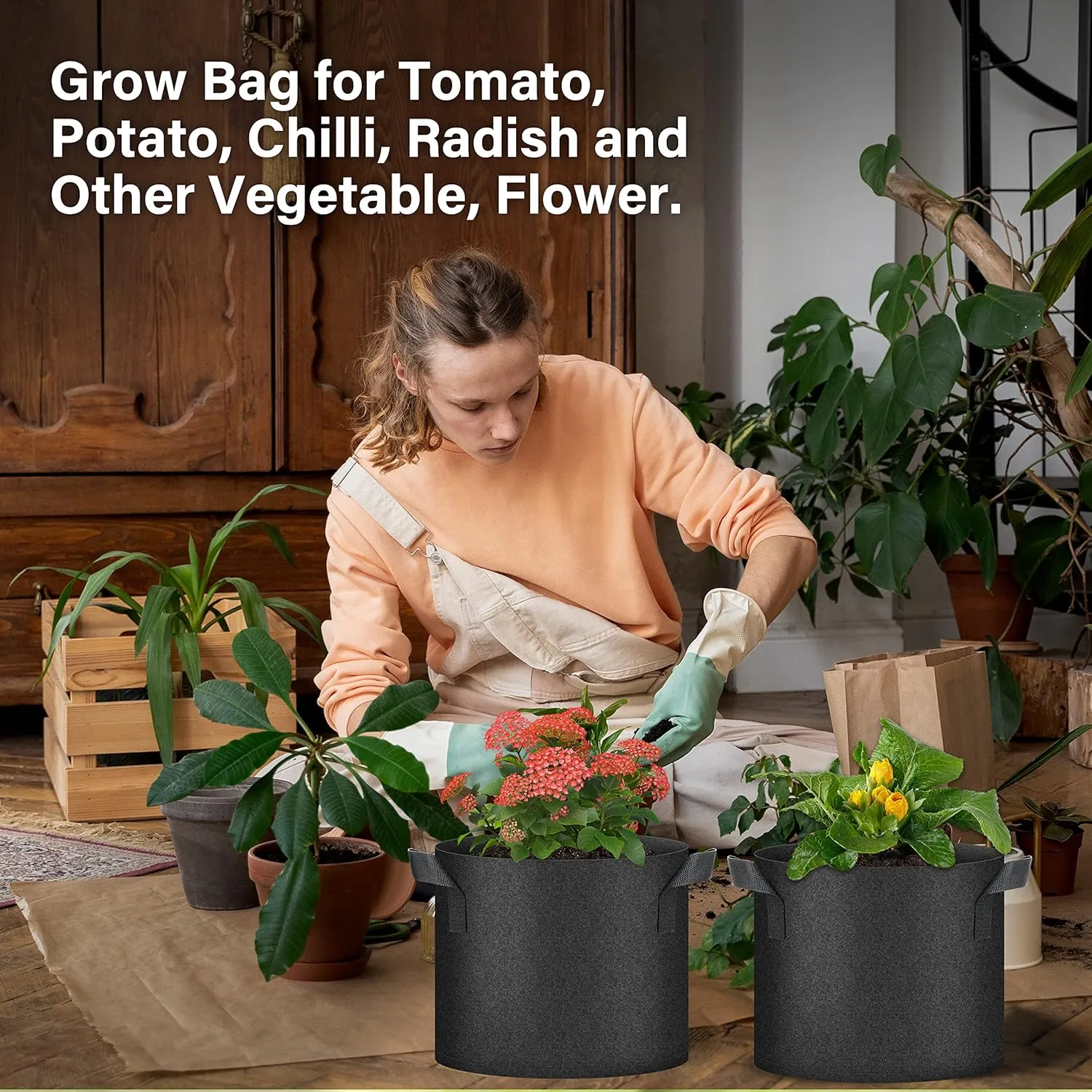 HealSmart Plant Grow Bags 7 Gallon, Tomoato Planter Pots 5-Pack with Handles, Aeration Nonwoven Fabric, Heavy Duty Gardening Planter for Vegetable, Herbs and Flowers, Black
