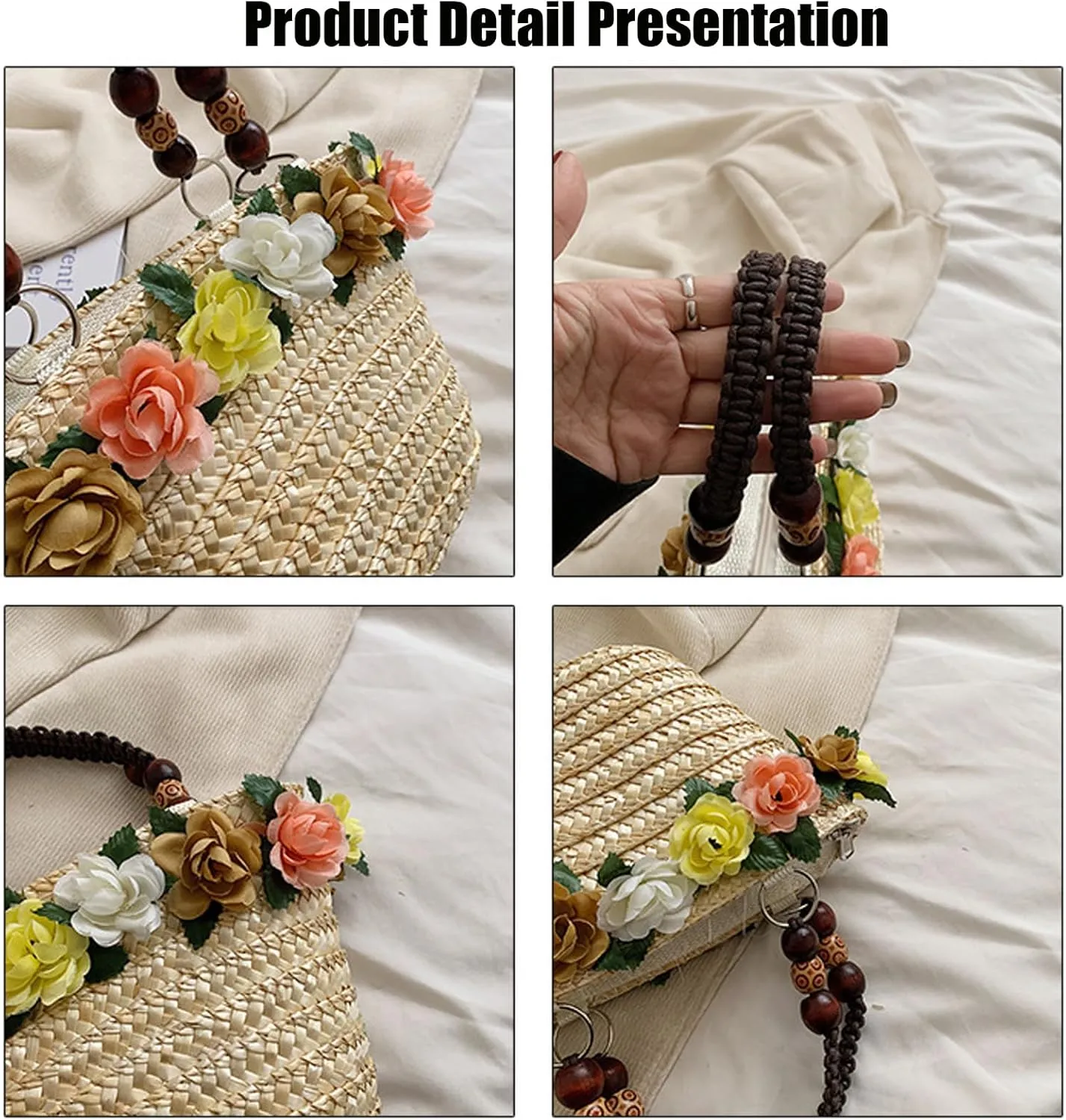 Helenbra Women's Flower Straw Handmade Handbag,Summer Retro Braided Handle Shoulder Bag Boho Beach Travel Handwoven Bag