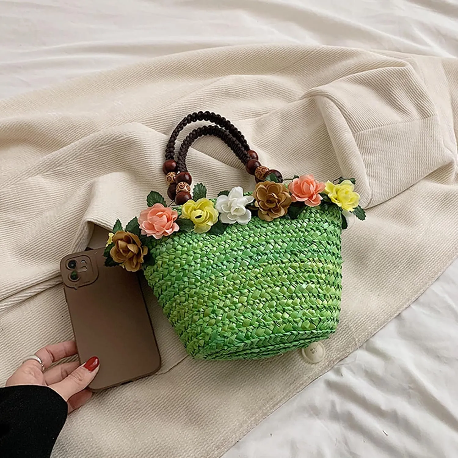 Helenbra Women's Flower Straw Handmade Handbag,Summer Retro Braided Handle Shoulder Bag Boho Beach Travel Handwoven Bag