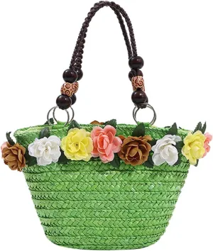 Helenbra Women's Flower Straw Handmade Handbag,Summer Retro Braided Handle Shoulder Bag Boho Beach Travel Handwoven Bag