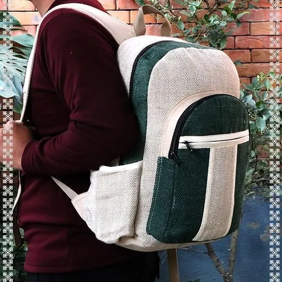 Hemp Backpack Lightweighted 100% Natural Hemp Cotton Fabric Casual Daypack Multipurpose Handmade Bag For Travel, Hiking, Yoga, Picnic (Real Green)