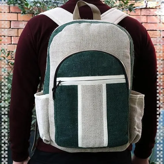 Hemp Backpack Lightweighted 100% Natural Hemp Cotton Fabric Casual Daypack Multipurpose Handmade Bag For Travel, Hiking, Yoga, Picnic (Real Green)