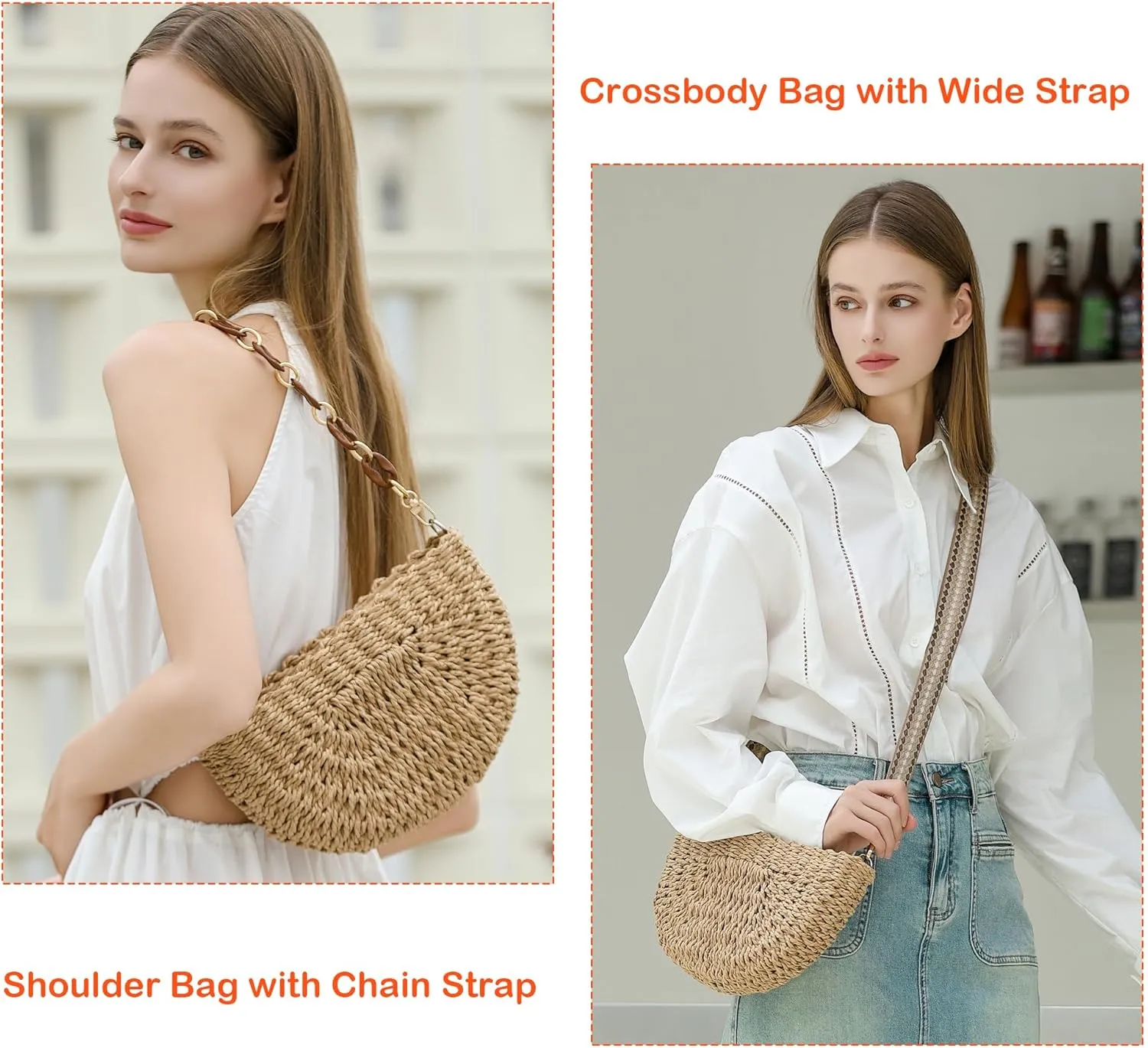 Herald Semicircle Handmade Straw Crossbody Bag for Women, Summer Chic Woven Handbag Shoulder Purse with Chain & Guitar Strap