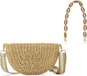 Herald Semicircle Handmade Straw Crossbody Bag for Women, Summer Chic Woven Handbag Shoulder Purse with Chain & Guitar Strap