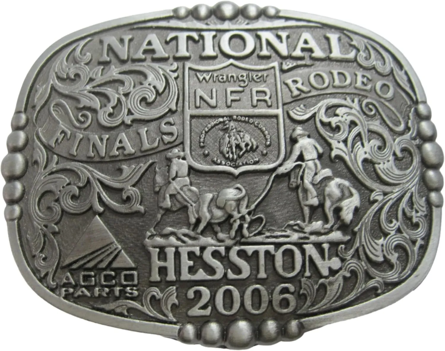 Hesston 2006 National Finals Rodeo Belt Buckle, NFR Wrangler, AGCO, Pewter Finish, 3.5 inches x 3.0 inches