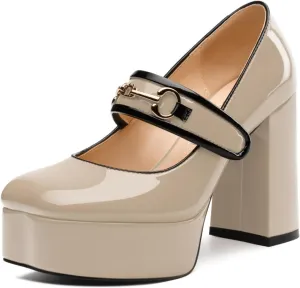 High Heels Pumps Square Toe Women's Shoes Patent Leather Thick Sole Thick Heel Hook-and-Loop Straps Height 10 Cm