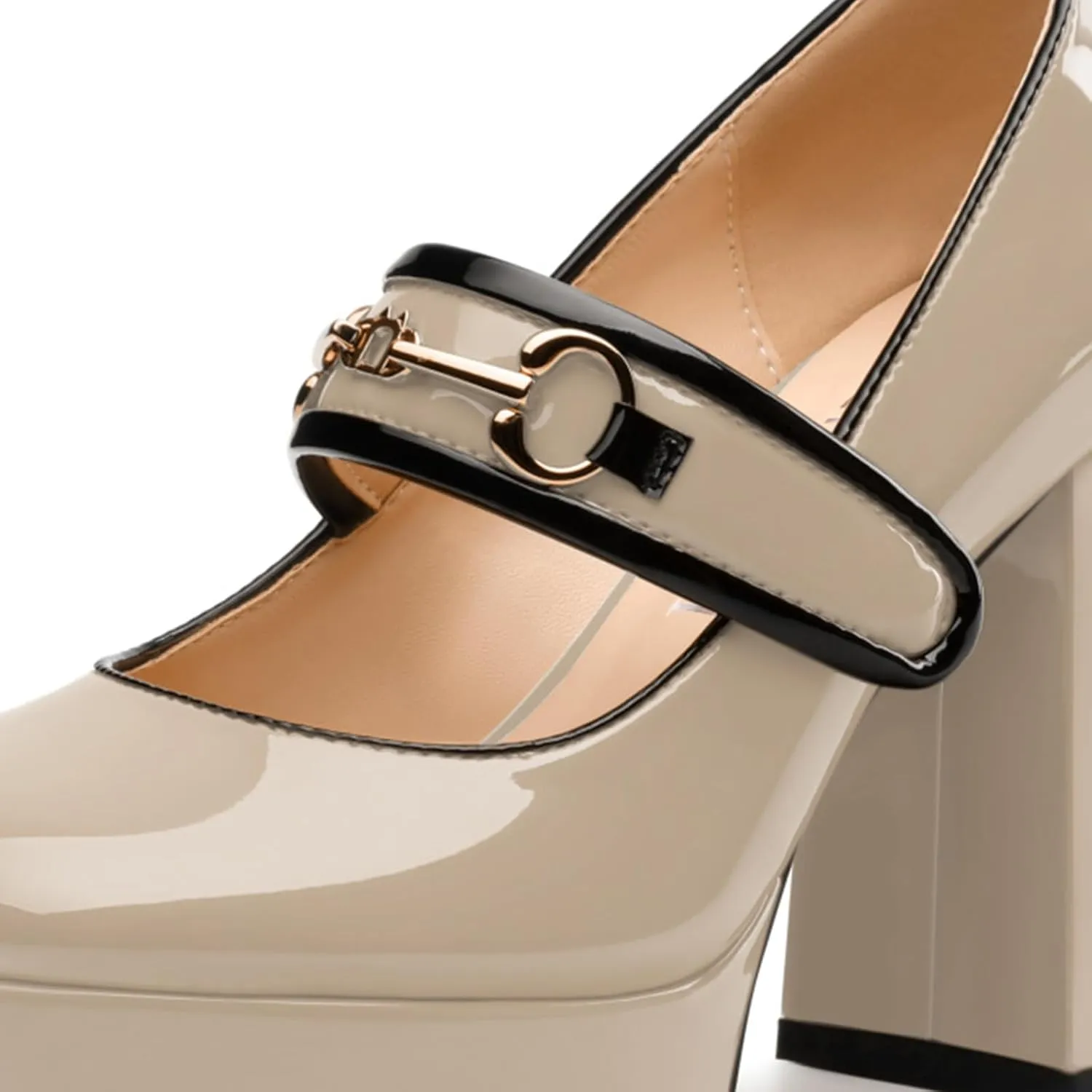 High Heels Pumps Square Toe Women's Shoes Patent Leather Thick Sole Thick Heel Hook-and-Loop Straps Height 10 Cm