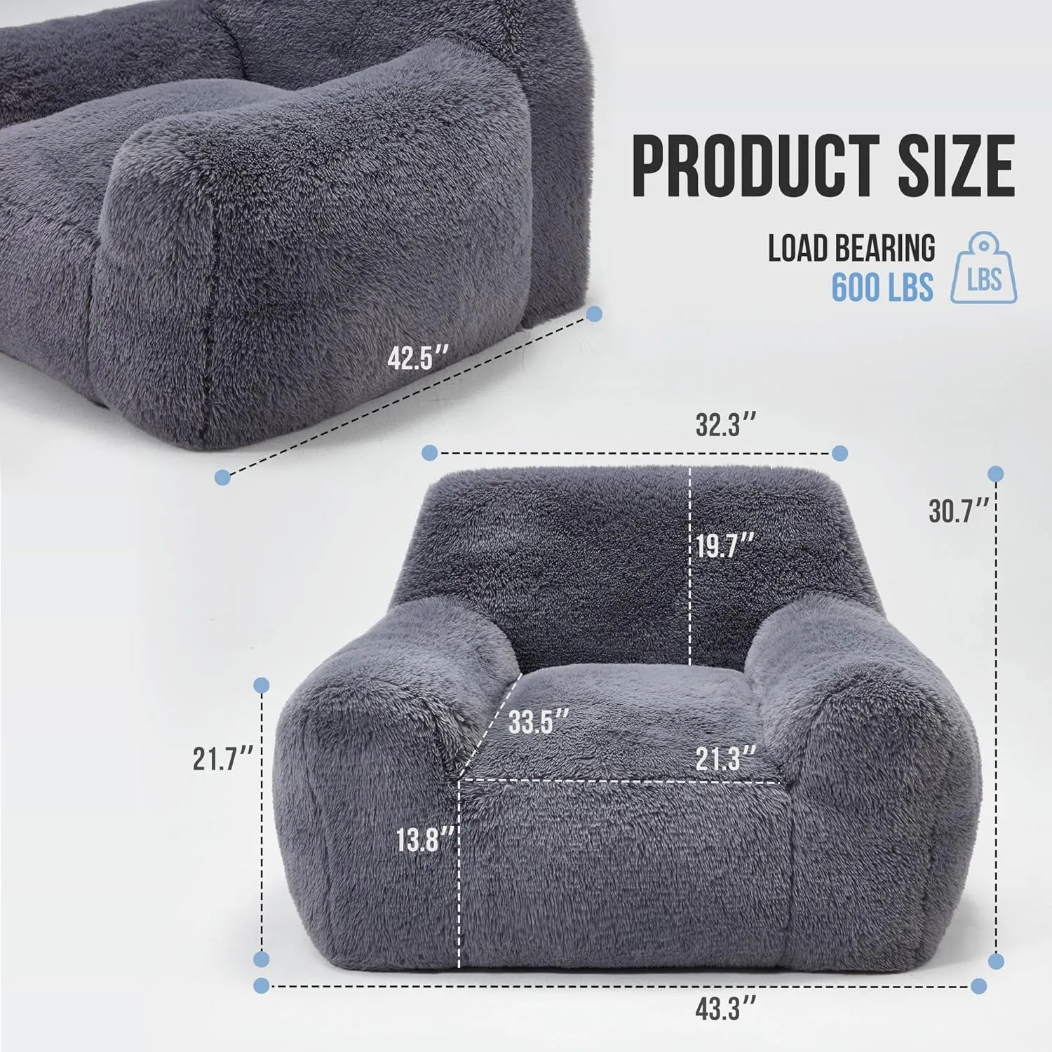 Hobestluk Bean Bag Chair Giant Bean Bag Chairs for Adults, Bean Bag Sofa Chair with Armrests, Oversize Beanbag Couch Comfy Chair for Bedroom, Living Room, Dorm and Office