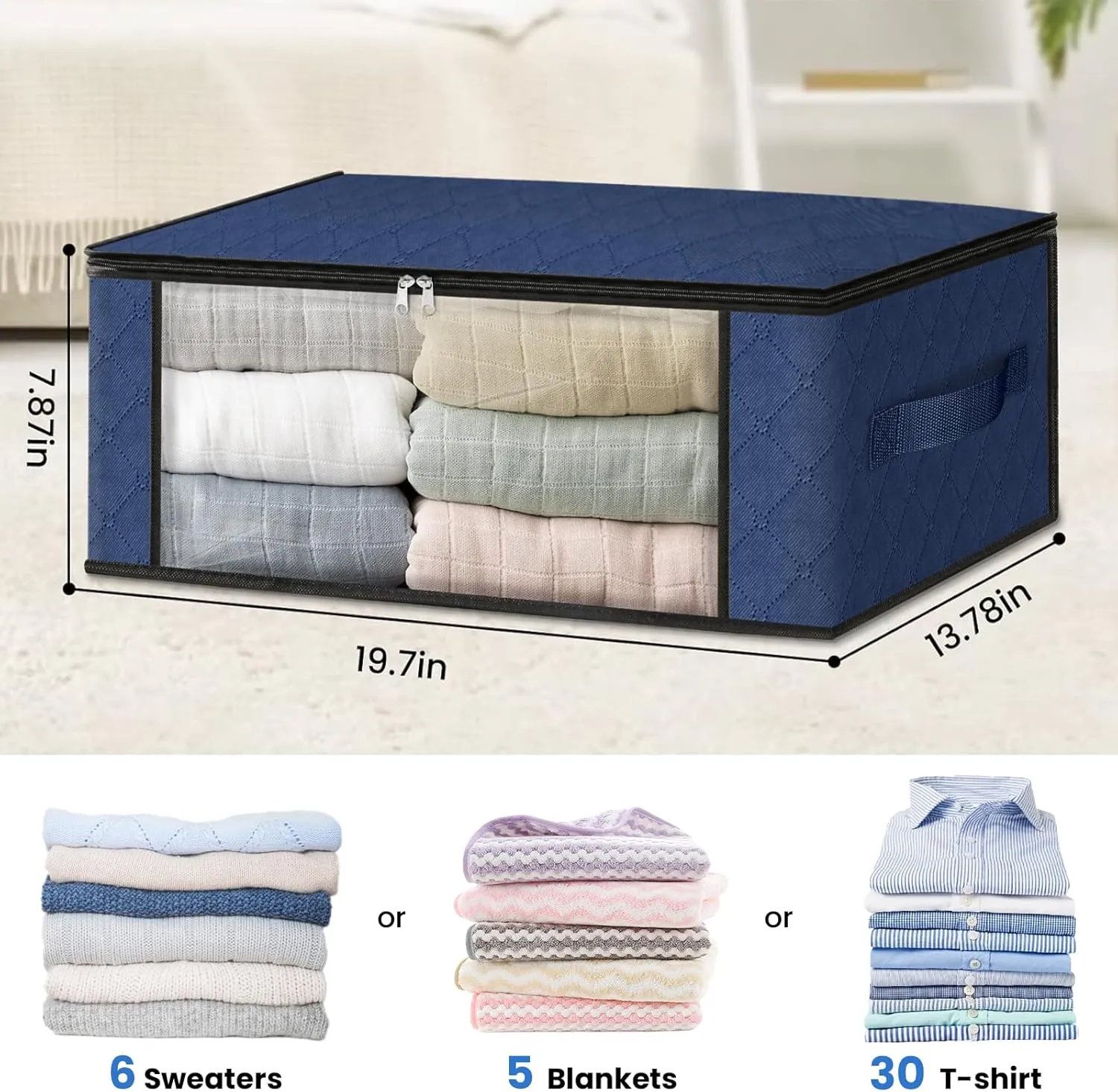HomeHacks Storage 8-Pack Clothes Organizer Storage Bags Foldable Storage Box with Large Clear Window Sturdy Handles for Closet, Dorm, Pillows, Bedding, Clothes, Blankets, 35L, Blue