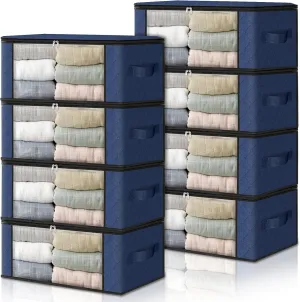 HomeHacks Storage 8-Pack Clothes Organizer Storage Bags Foldable Storage Box with Large Clear Window Sturdy Handles for Closet, Dorm, Pillows, Bedding, Clothes, Blankets, 35L, Blue