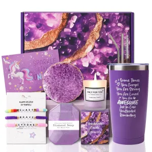Homemory Gifts for Women, Birthday Bath Set Gift Basket Christmas Body Self Care, Spa Valentine's Day Ideas Mom Friend Sister Bestie Her Wife Female Coworkers Daughter With Greeting Card (Purple)
