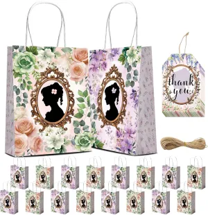 HOMEZZO 16 Pcs Floral Gift Bags with Handles - Spring Flower Goodie Treat Bags with Thank You Tags for Tea Party Birthday Garden Gathering