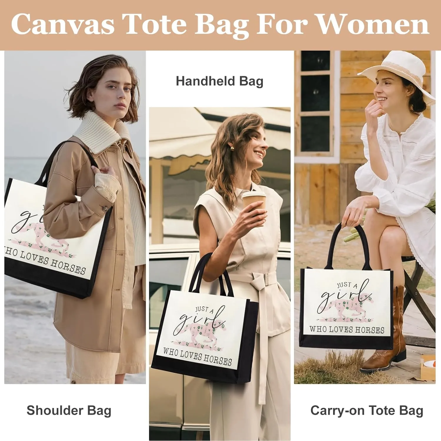 Horses Canvas Tote Bag, Cute Horse Gifts for Women, Horse Lover Gift Aesthetic Beach Bag Reusable Grocery Bag, Birthday Christmas Horse Stuff Gift for Daughter Friends Sisters Bestie Who Loves Horses
