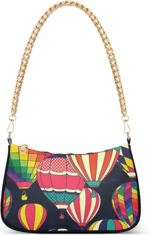 Hot Air Balloons Shoulder Bag for Women Fabric Crescent Handbag with Zipper Chain Clutch Purses for Travel Party Concert Teen Girls