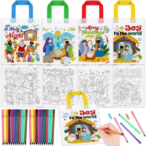 HOWAF 12 Pcs Nativity Christmas Coloring Gift Bags for kids Nativity Scene Bags with 24 Paint Pens,Holy Night Christian Coloring Non-Woven Gift Bags Religious Christmas Joy to the World Gift Bags for Xmas classroom Supplies Activity