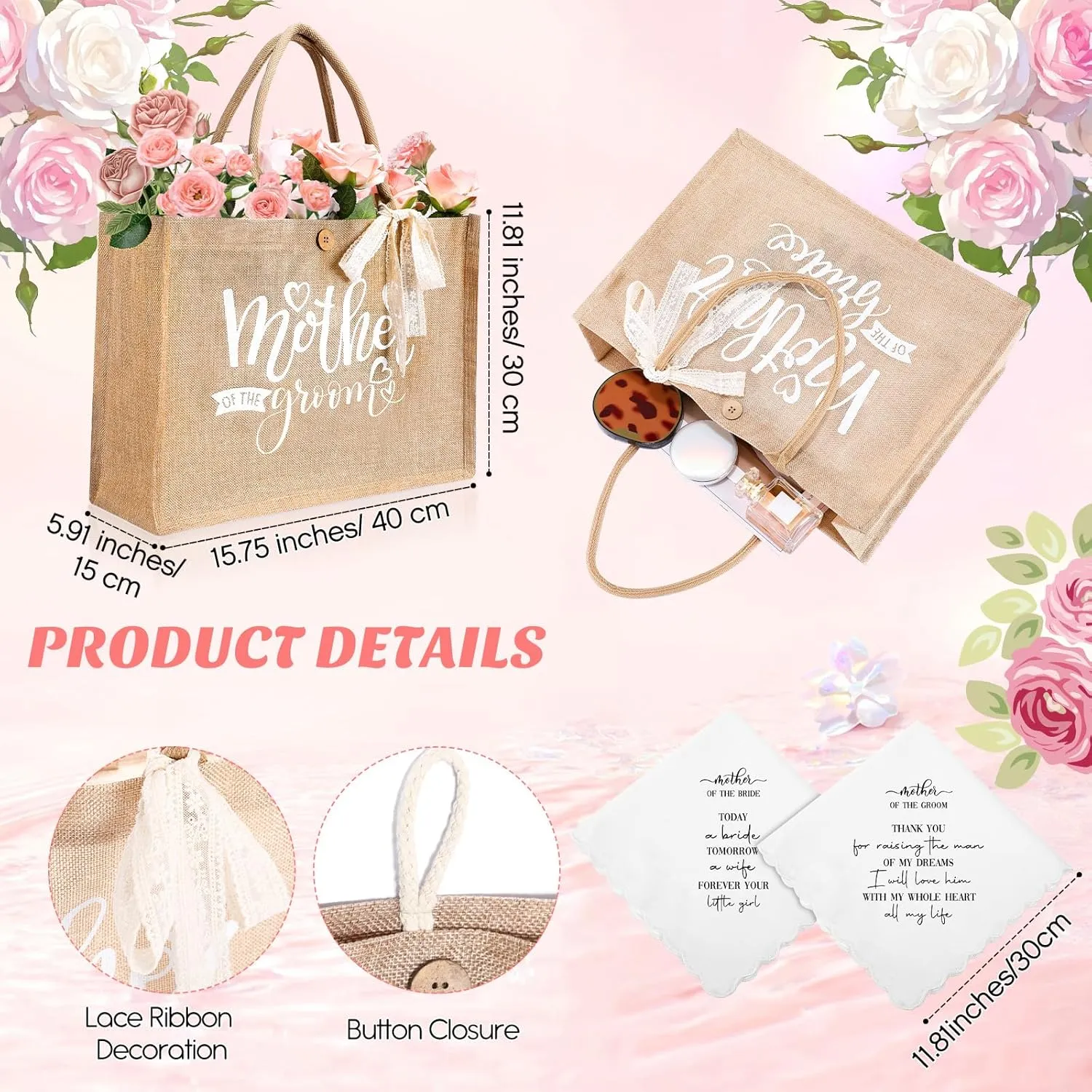 Hushee 2 Sets Mother of the Bride and Mother of the Groom Gifts Set Includes 20 oz Tumblers Canvas Tote Bags Cosmetic Bag Handkerchief Candle for Mom Bridal Shower Wedding Gifts (Flower)