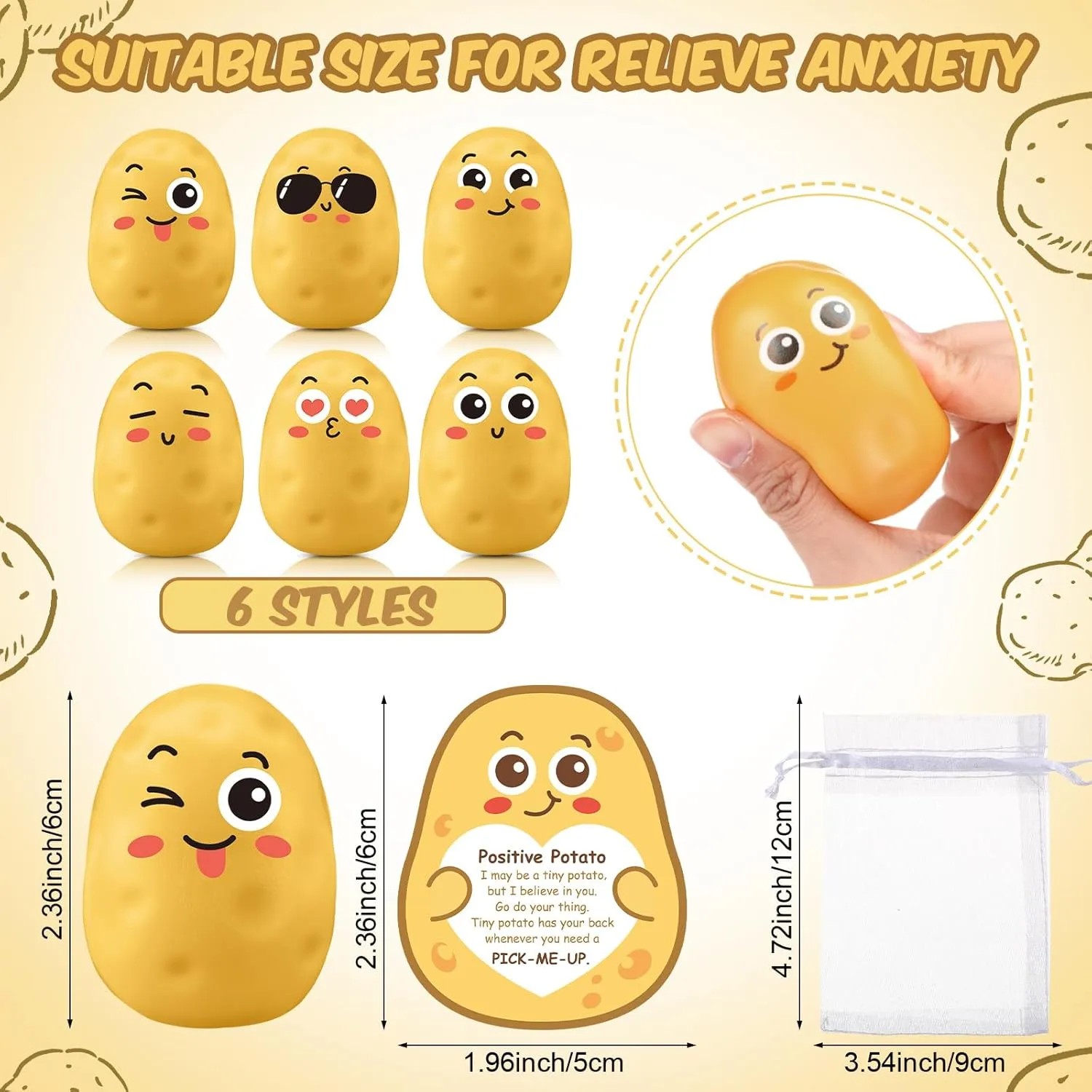 HyDren 100 Sets Appreciation Gift Bulk Father Employee Potato Stress Ball Emotional Foam Stretchy Ball with Inspirational Card Bag Stress Relief Thank You Gift for Nurse Assistant Coworker Teacher