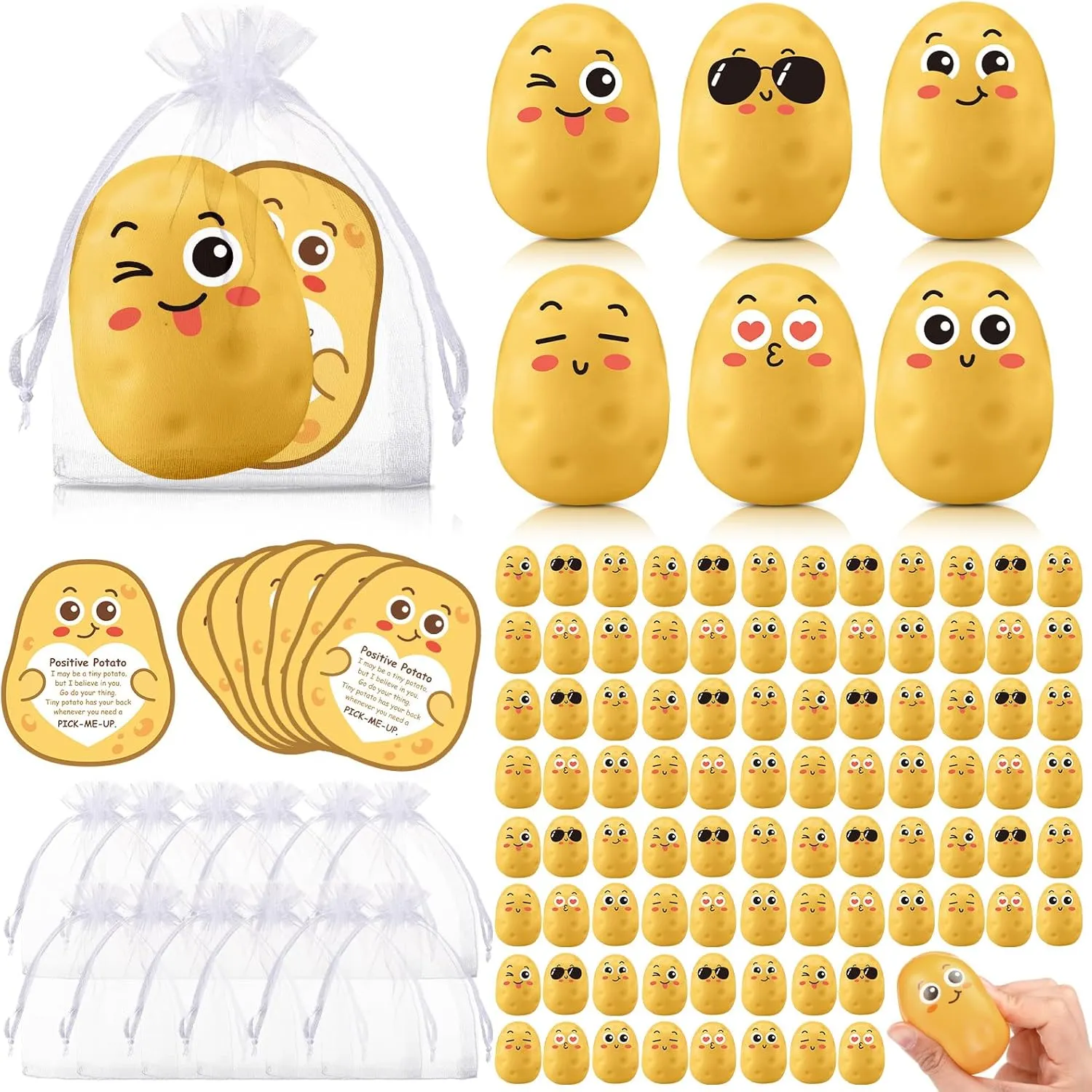HyDren 100 Sets Appreciation Gift Bulk Father Employee Potato Stress Ball Emotional Foam Stretchy Ball with Inspirational Card Bag Stress Relief Thank You Gift for Nurse Assistant Coworker Teacher