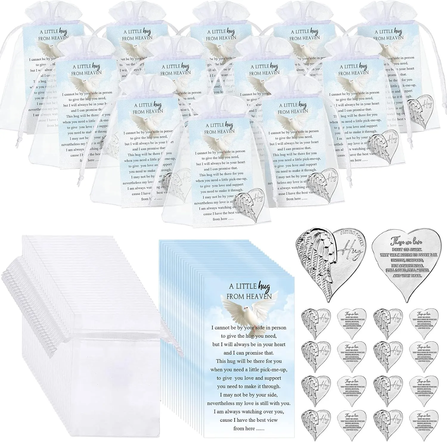 Inbagi 100 Sets Memorial Angel Sign Coins Set Funeral Pocket Token Heart Pocket Hug Coins Poem Cards Organza Gift Bags Celebration of Life Favors Funeral Memorial Gifts for Guest Family Church