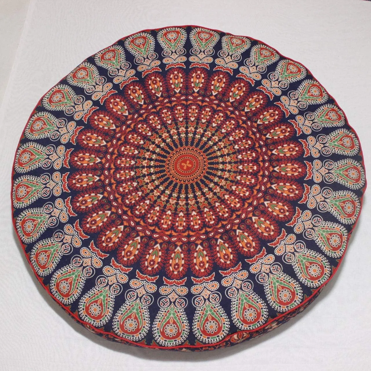 Indian Mandala Large Floor Pillow Home Car Bed Sofa Decor Cotton Floor Cushion Bohemian Meditation Pillow Case Ottoman Pouf Cover 35 x 35 Round Pouf, Decorative Mandala Pillow Sham