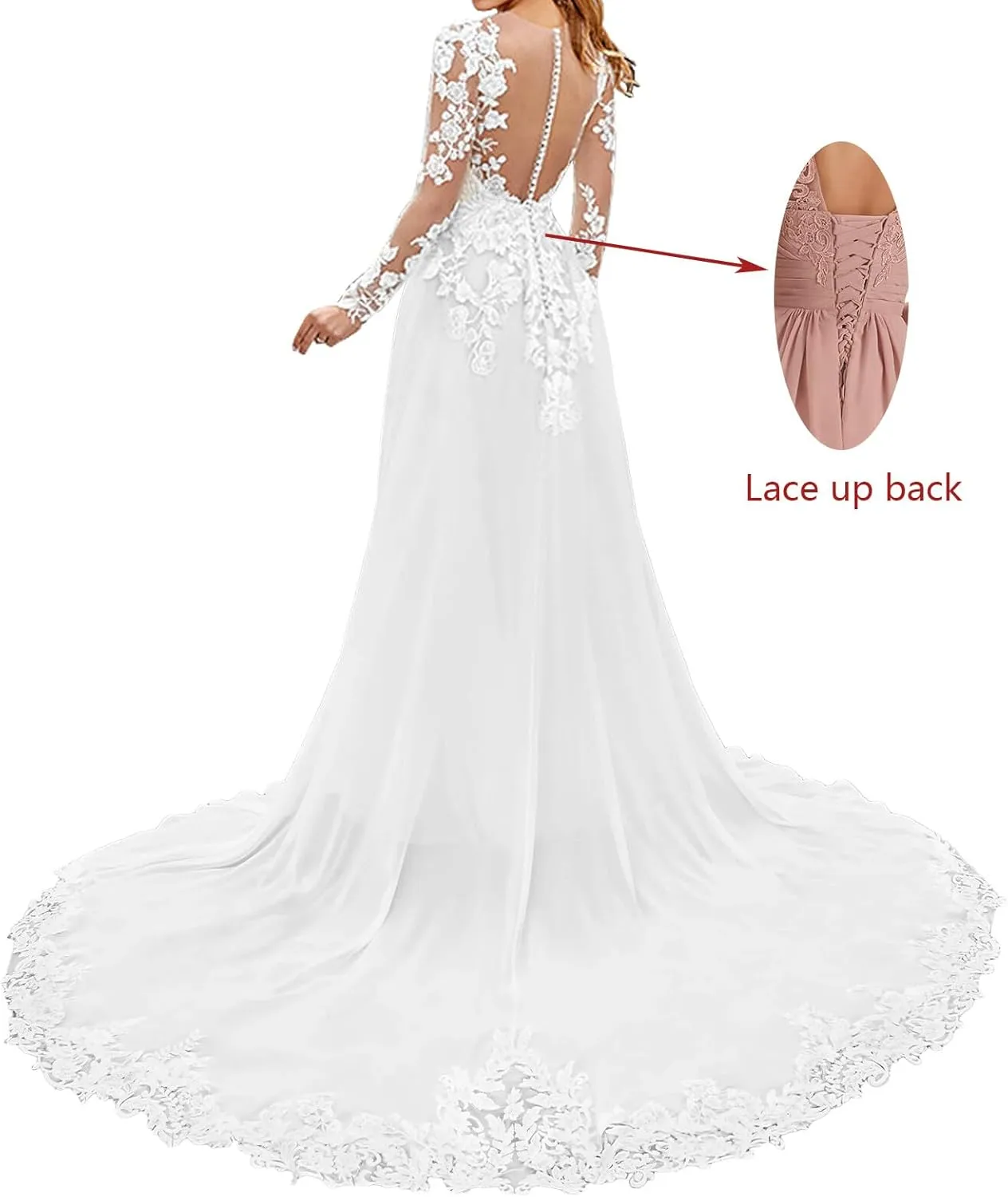 JAEDEN Wedding Dress Lace Chiffon - Long Sleeves Slit Wedding Dresses for Bride A Line