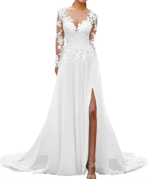 JAEDEN Wedding Dress Lace Chiffon - Long Sleeves Slit Wedding Dresses for Bride A Line