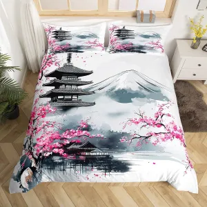 Japanese Fuji Mountain Bedding Set Pink Cherry Blossom Chureito Pagoda Bedding Duvet Cover Set For Boys Girls Exotic Sakura Flower Decor Comforter Cover Set Watercolor Bedspread Cover 2Pcs Twin Size