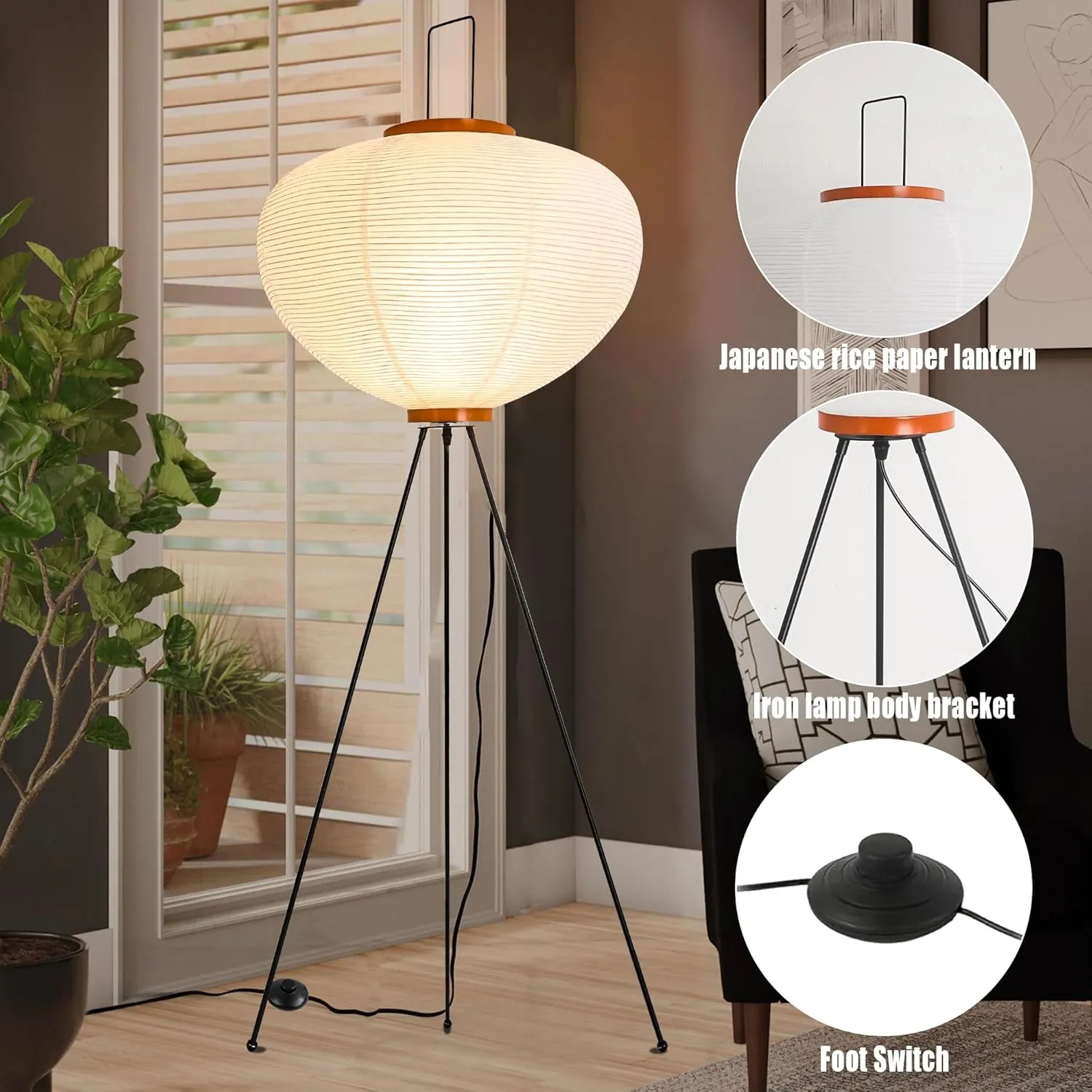 Japanese Paper Floor Lamp,Akari Noguchi Style Paper Floor Lantern Lamp,Noguchi Handmade Rice Paper Standing Lamps for Living Room,Bedroom, Office(E26/E27)
