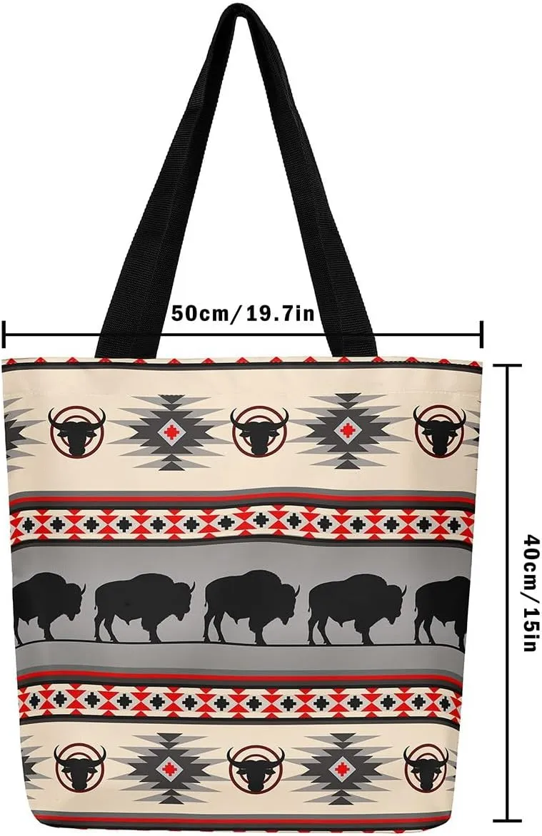 jejeloiu Buffalo Large Capacity Shoulder Handbags Wild Bison Canvas Tote Bags Wild Animal Wood Grain Travel Bag 16"x20"