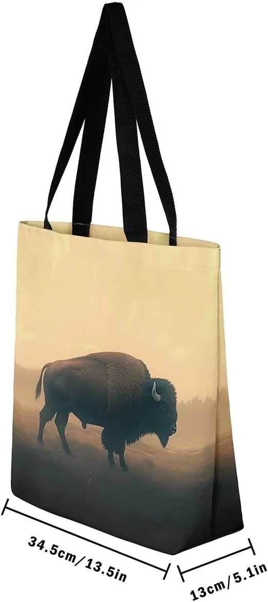 jejeloiu Buffalo Large Capacity Shoulder Handbags Wild Bison Canvas Tote Bags Wild Animal Wood Grain Travel Bag 16"x20"