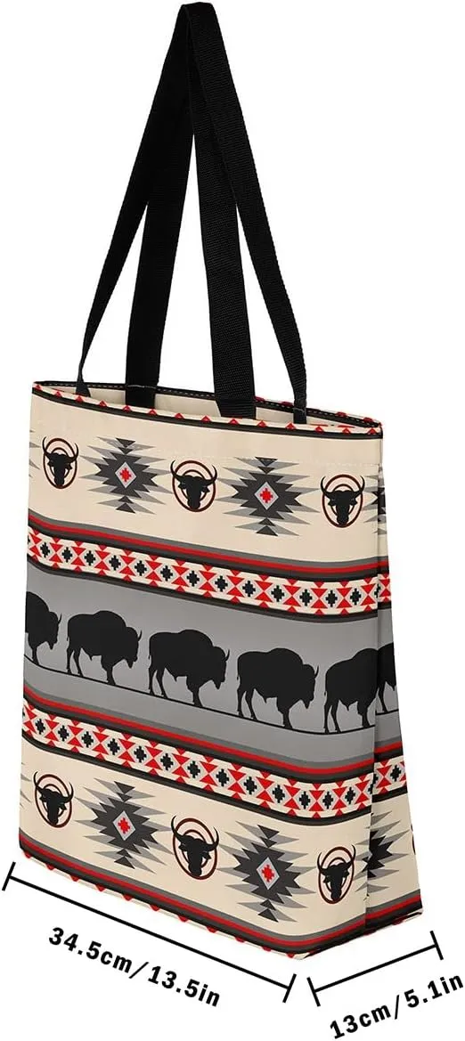 jejeloiu Buffalo Large Capacity Shoulder Handbags Wild Bison Canvas Tote Bags Wild Animal Wood Grain Travel Bag 16"x20"