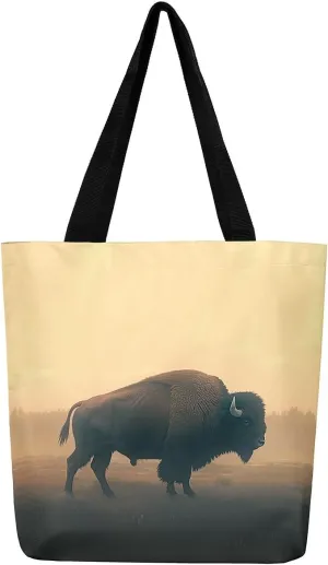 jejeloiu Buffalo Large Capacity Shoulder Handbags Wild Bison Canvas Tote Bags Wild Animal Wood Grain Travel Bag 16"x20"