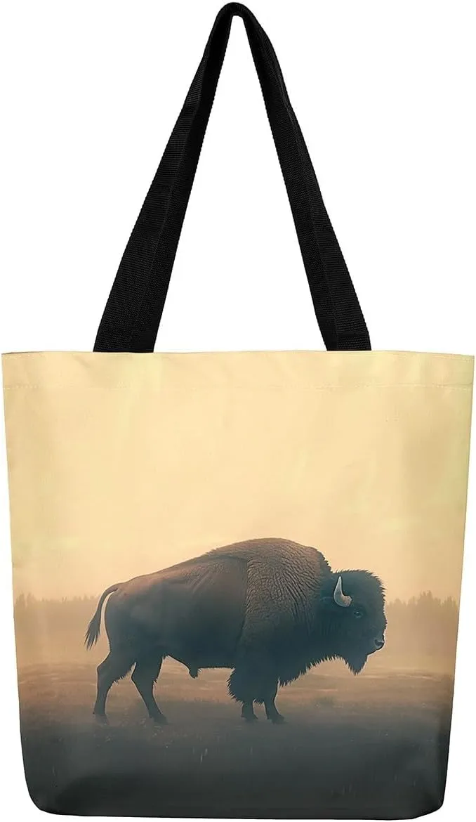 jejeloiu Buffalo Large Capacity Shoulder Handbags Wild Bison Canvas Tote Bags Wild Animal Wood Grain Travel Bag 16"x20"