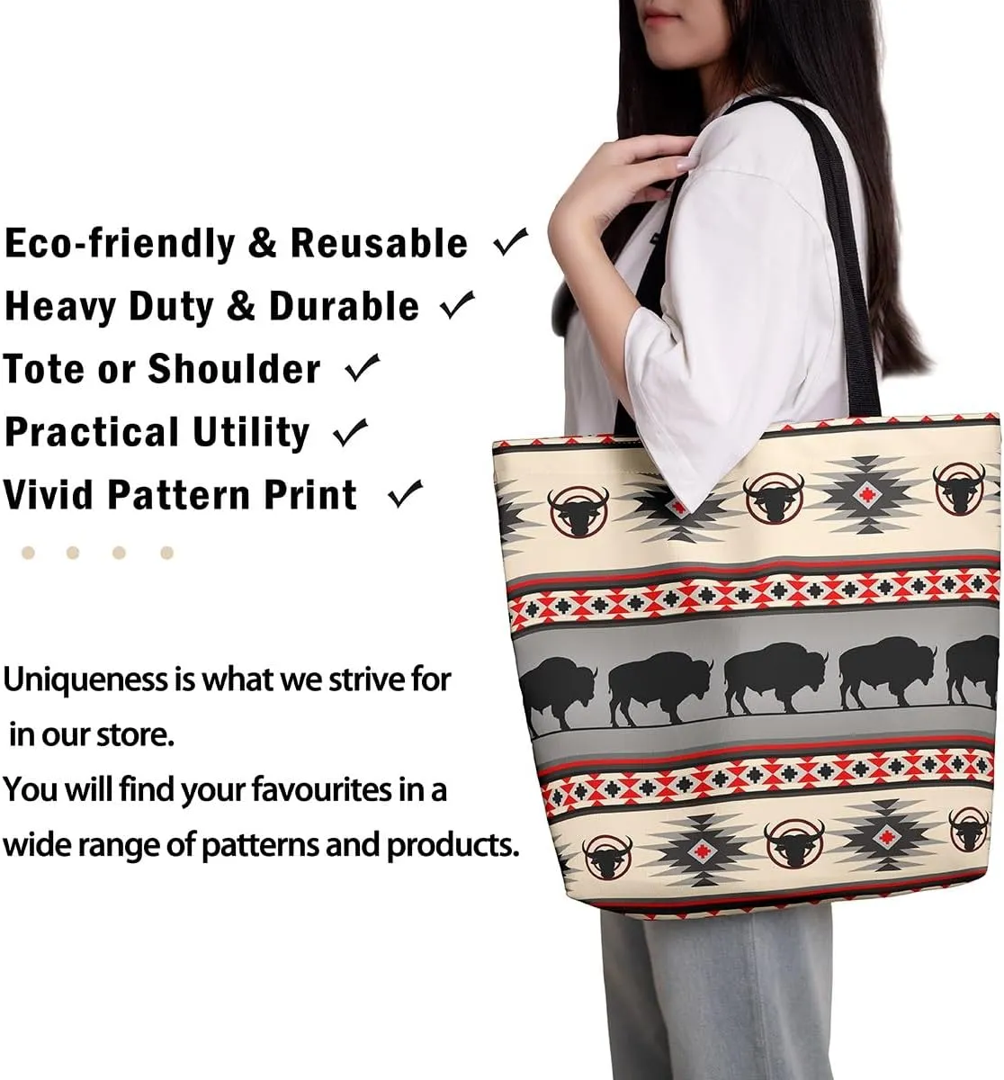 jejeloiu Buffalo Large Capacity Shoulder Handbags Wild Bison Canvas Tote Bags Wild Animal Wood Grain Travel Bag 16"x20"